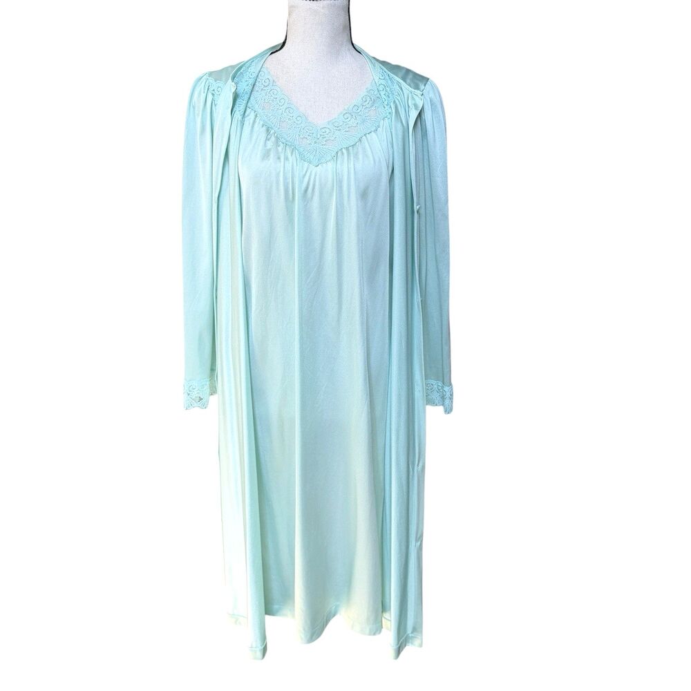 Vintage 70s Vanity Fair Mint Lace Peignoir Set Robe Nightgown USA S